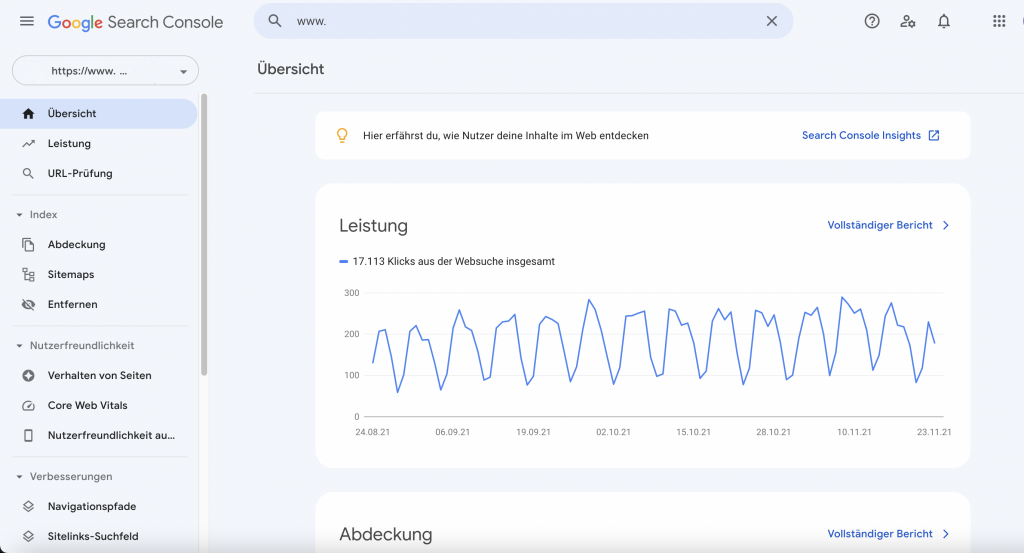 Google Search Console neuer Look and feel Startseite Screen